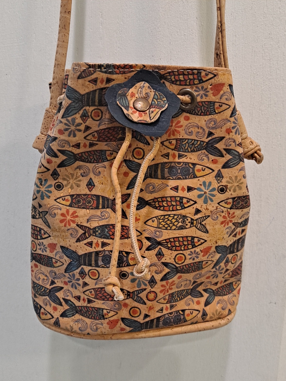 Natural Cork Tan Navy Portugese Sardines-Print Drawstring Mini Crossbody Bucket